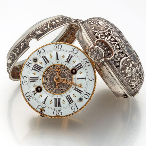 Fine Swiss silver repousse watch with alarm Circa 1730 Fine Swiss silver repousse watch with alarm Circa 1730