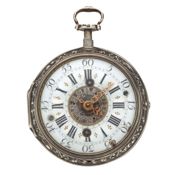 Fine Swiss silver repousse watch with alarm Circa 1730 Fine Swiss silver repousse watch with alarm Circa 1730