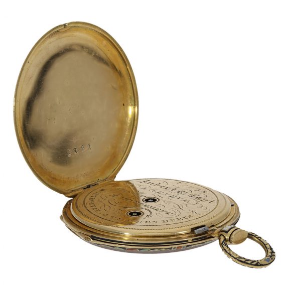 Swiss 18 carat gold and enamel cylinder watch Circa 1830 Swiss 18 carat gold and enamel cylinder watch Circa 1830