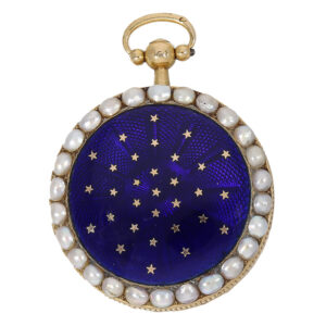 Small gold enamel verge clock with 