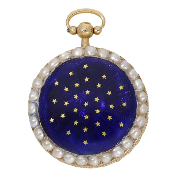 Set with large half oriental pearls and the blue guilloché enamel on both sides Set with large half oriental pearls and the blue guilloché enamel on both sides