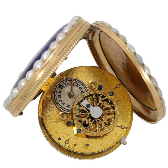 The clock's movement is based on a verge escapement, which was the most common type of escapement used in clocks until the mid 18th century The clock's movement is based on a verge escapement, which was the most common type of escapement used in clocks until the mid 18th century