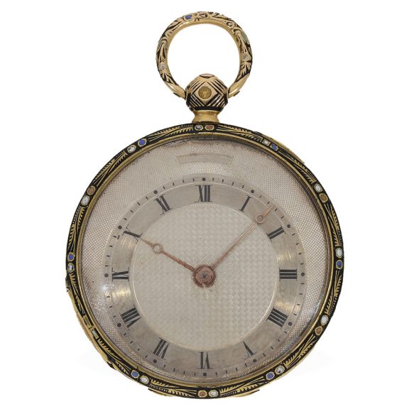 French 18K gold cylinder watch with decentralized dial Circa 1820
