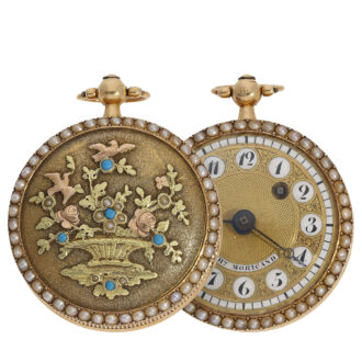 Swiss verge clock with relief case beaded edge and stones Circa 1800