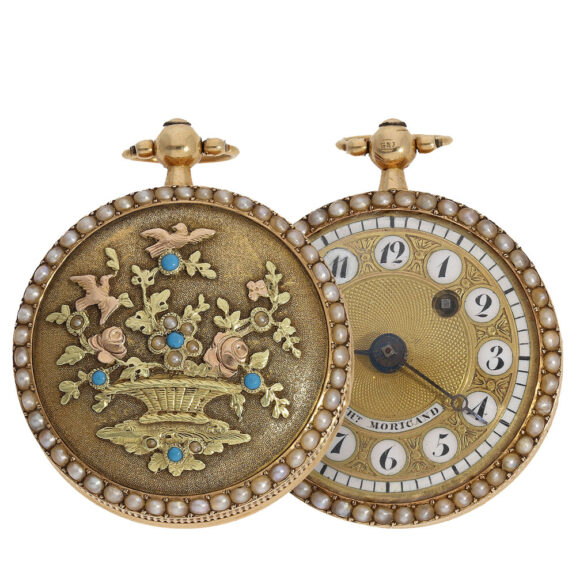 Swiss verge clock with relief case beaded edge and stones Circa 1800
