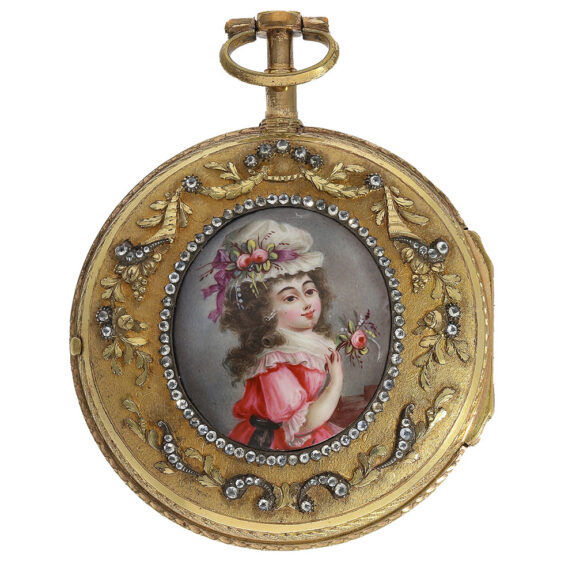 Raised flowers and leaves on the back, which are fire gilded, decorated with completely preserved and original stone trimmings, in the centre a large enamel plaque with magnifying glass painting Raised flowers and leaves on the back, which are fire gilded, decorated with completely preserved and original stone trimmings, in the centre a large enamel plaque with magnifying glass painting