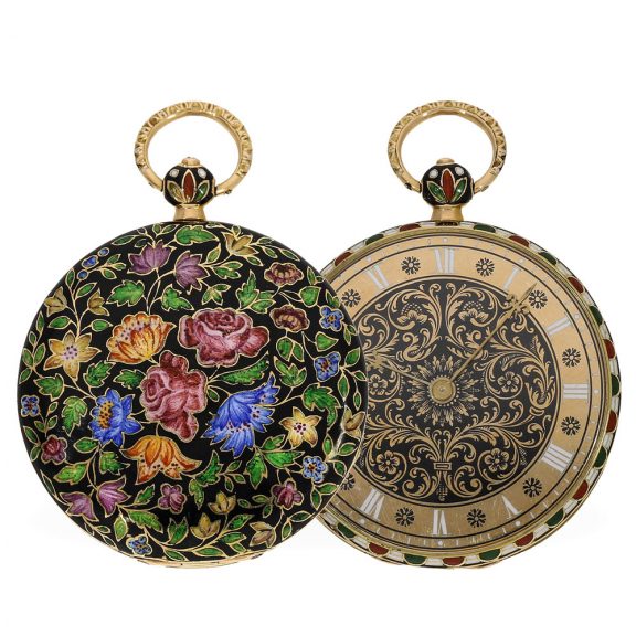 Swiss 18 carat gold and enamel cylinder pocket watch Circa 1820 Swiss 18 carat gold and enamel cylinder pocket watch Circa 1820
