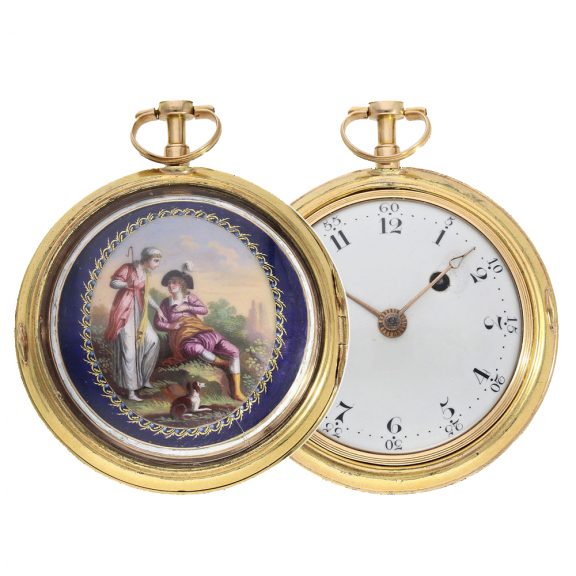 Large gold enamel verge watch with painting Circa 1800