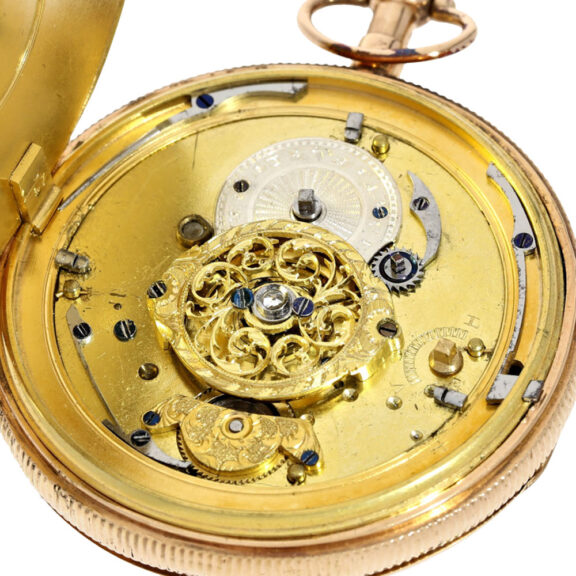 Very rare Swiss gold verge with skeletonized face Circa 1820 Very rare Swiss gold verge with skeletonized face Circa 1820