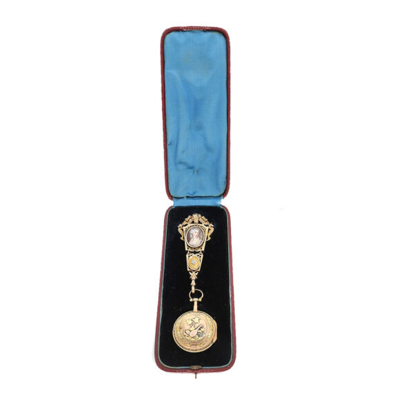 The watch with associated gold enamel chatelaine in the original box The watch with associated gold enamel chatelaine in the original box