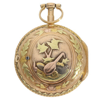 The Louis XV open faced hunting case is of very fine quality, with relief in four different gold colors and a high quality external hinge