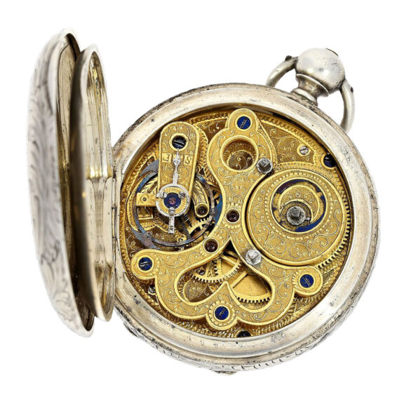 Swiss silver hunting with two time zones Circa 1860 Swiss silver hunting with two time zones Circa 1860