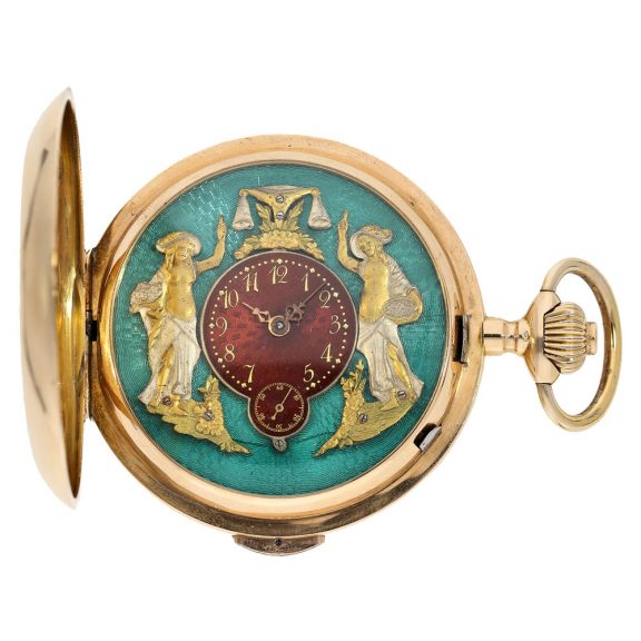 Swiss 18 carat gold hunter cased repeater with automaton Circa 1900