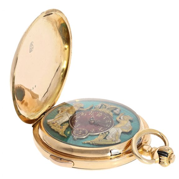 Swiss 18 carat gold hunter cased repeater with automaton Circa 1900 Swiss 18 carat gold hunter cased repeater with automaton Circa 1900