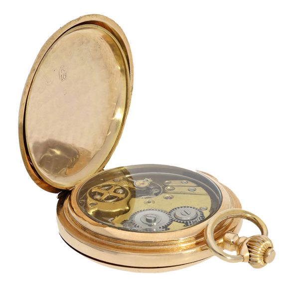 Swiss 18 carat gold hunter cased repeater with automaton Circa 1900 Swiss 18 carat gold hunter cased repeater with automaton Circa 1900