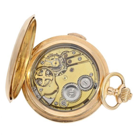 Swiss 18 carat gold hunter cased repeater with automaton Circa 1900 Swiss 18 carat gold hunter cased repeater with automaton Circa 1900