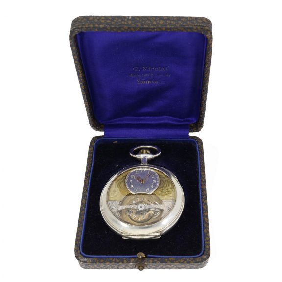 Swiss silver watch early tourbillon in original sales box Circa 1905 Swiss silver watch early tourbillon in original sales box Circa 1905