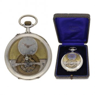 Swiss silver watch early tourbillon in original sales box Circa 1905