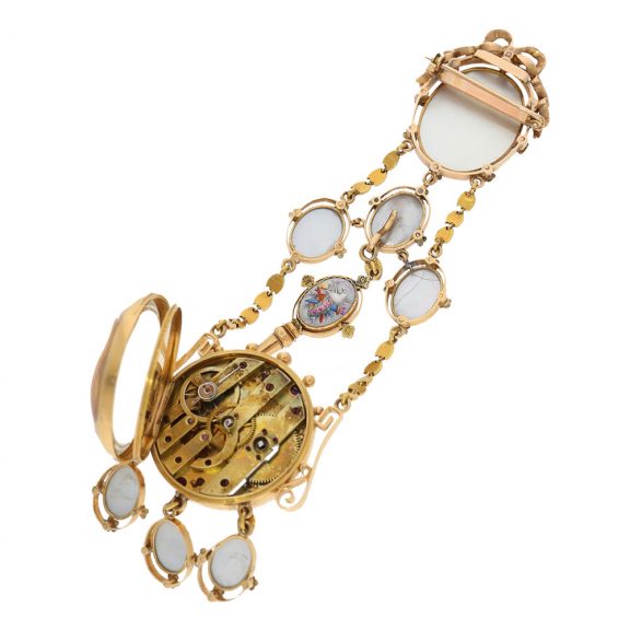 French gold, rock crystal and enamel chatelaine watch Circa 1850 French gold, rock crystal and enamel chatelaine watch Circa 1850