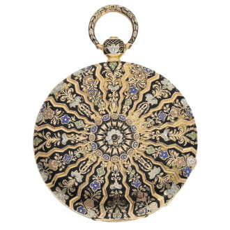 This 18 Carat gold pocket watch is adorned with an extremely elaborate and multicoloured enamelled housing, divided into 16 segments, each depicting various flowers on a black background This 18 Carat gold pocket watch is adorned with an extremely elaborate and multicoloured enamelled housing, divided into 16 segments, each depicting various flowers on a black background