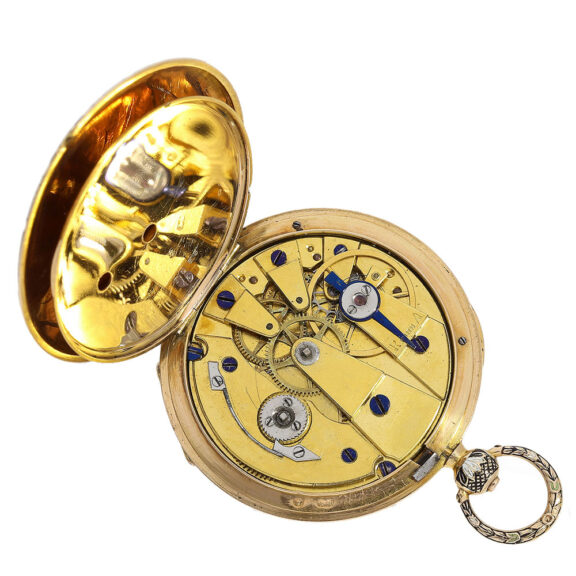 The watch features a very fine, flat movement that is eccentric in design with a cylinder escapement The watch features a very fine, flat movement that is eccentric in design with a cylinder escapement