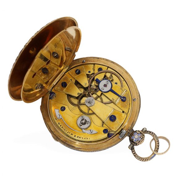 Swiss 18 Carat gold en enamel lépine with original box Circa 1820 Swiss 18 Carat gold en enamel lépine with original box Circa 1820