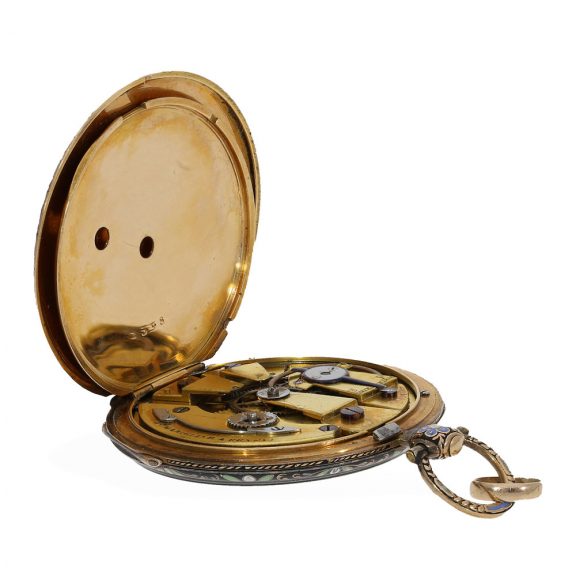 Swiss 18 Carat gold en enamel lépine with original box Circa 1820 Swiss 18 Carat gold en enamel lépine with original box Circa 1820