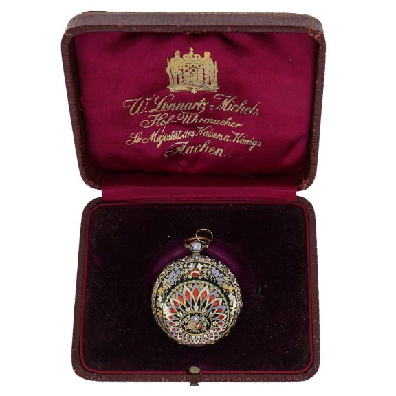 Swiss 18 Carat gold en enamel lépine with original box Circa 1820 Swiss 18 Carat gold en enamel lépine with original box Circa 1820