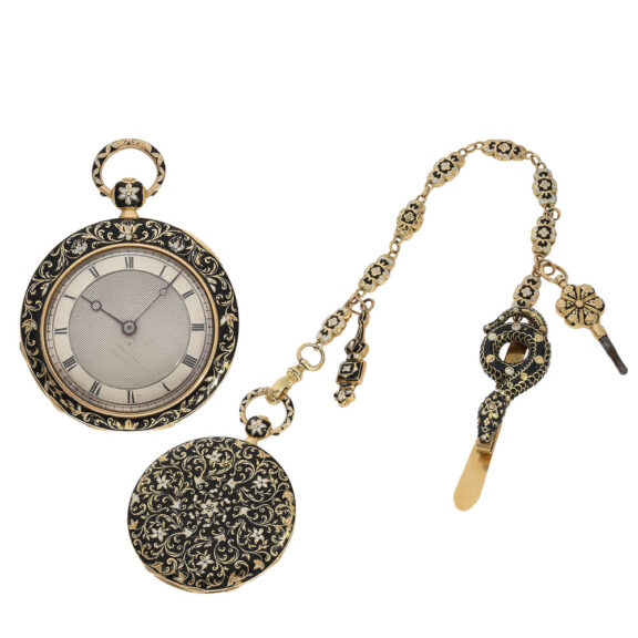 Gold enamel Lépine with off centre dial and original gold enamel chatelaine Gold enamel Lépine with off centre dial and original gold enamel chatelaine