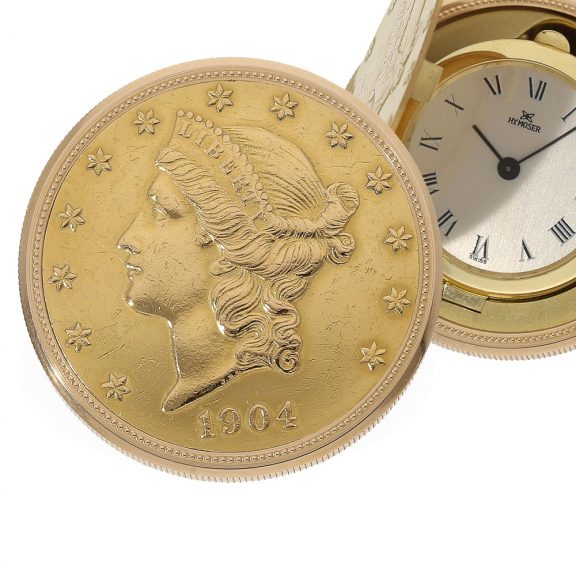 Swiss 18 carat gold Twenty Dollar 1904 coin watch Circa 1960
