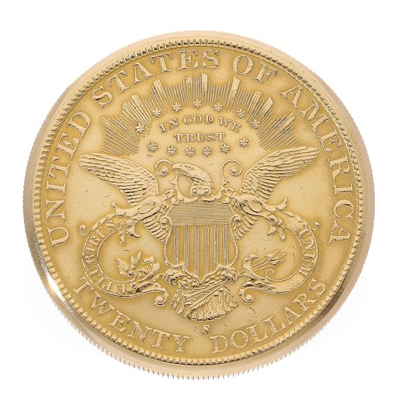Swiss 18 carat gold Twenty Dollar 1904 coin watch Circa 1960 Swiss 18 carat gold Twenty Dollar 1904 coin watch Circa 1960