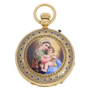 Swiss 18K gold and enamel hunting cased lever watch Circa 1865