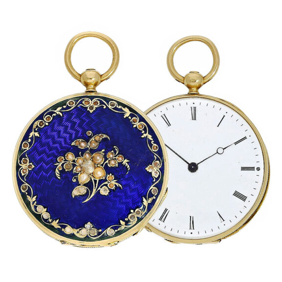 Swiss early gold/enamel pendant watch with pearls Circa 1846/47 Swiss early gold/enamel pendant watch with pearls Circa 1846/47