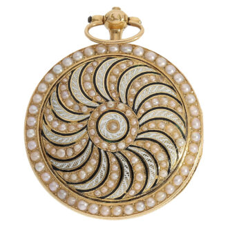 This exquisite 18 carat gold watch has a full hunting case, is enamelled on both sides and set with half pearls This exquisite 18 carat gold watch has a full hunting case, is enamelled on both sides and set with half pearls