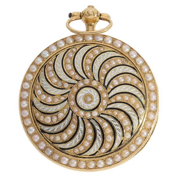 This exquisite 18 carat gold watch has a full hunting case, is enamelled on both sides and set with half pearls This exquisite 18 carat gold watch has a full hunting case, is enamelled on both sides and set with half pearls