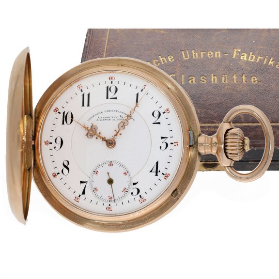German 14 carat gold full hunter case watch with original box Circa 1899