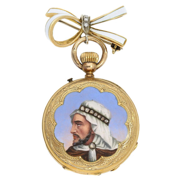 To complement this exquisite pocket watch, there is a matching gold and enamel brooch, also adorned with diamonds To complement this exquisite pocket watch, there is a matching gold and enamel brooch, also adorned with diamonds