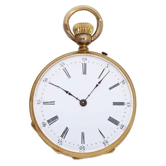 Gold enamel Swiss watch with diamond trimmings Circa 1870 Gold enamel Swiss watch with diamond trimmings Circa 1870