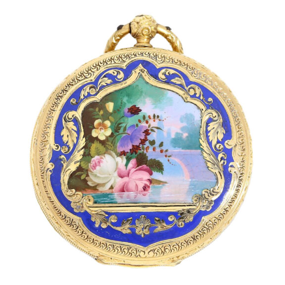 Swiss gold cylinder with enamel decoration Circa 1830 Swiss gold cylinder with enamel decoration Circa 1830