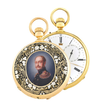 French gold painted and champlevé enamel keyless pocket watch with triple date calendar with digital months moon phase lunar calendar and gold wheel train Circa 1865