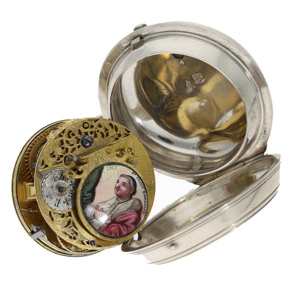 English silver pocket watch with enamelled cock Circa 1720 English silver pocket watch with enamelled cock Circa 1720