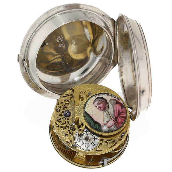 English silver pocket watch with enamelled cock Circa 1720 English silver pocket watch with enamelled cock Circa 1720