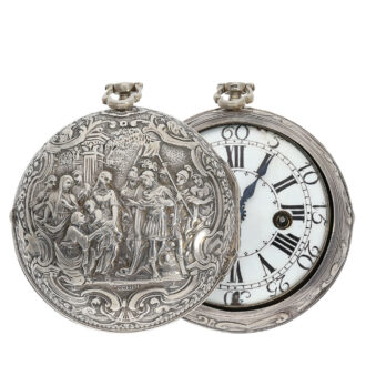 The watch's open faced outer case is a true masterpiece, adorned with a stunning repoussé design featuring the signature "Cochin" and a scene depicting eleven figures