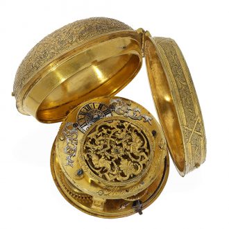 French 18 Carat gold ‘onion’ with elaborate relief case Circa 1700