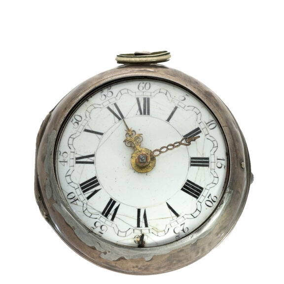 English large silver watch with mock pendulum Circa 1715