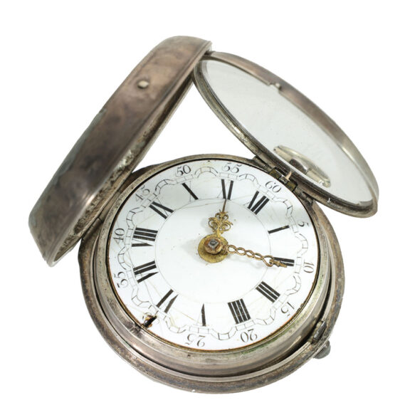 English large silver watch with mock pendulum Circa 1715 English large silver watch with mock pendulum Circa 1715