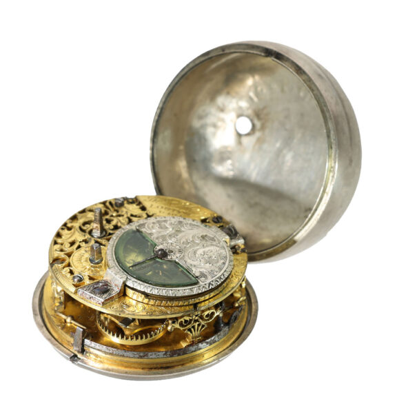 English large silver watch with mock pendulum Circa 1715 English large silver watch with mock pendulum Circa 1715