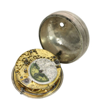 English large silver watch with mock pendulum Circa 1715
