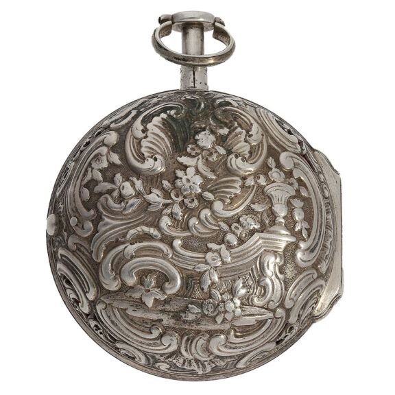 The outer case of this watch with a full hunter double case housing is beautiful repoussé with fine sound openings and the inner case is pierced The outer case of this watch with a full hunter double case housing is beautiful repoussé with fine sound openings and the inner case is pierced