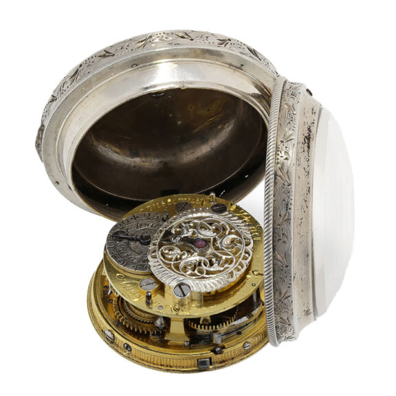 The signed movement has a verge escapement and a rare eighth note repeater on a bell The signed movement has a verge escapement and a rare eighth note repeater on a bell